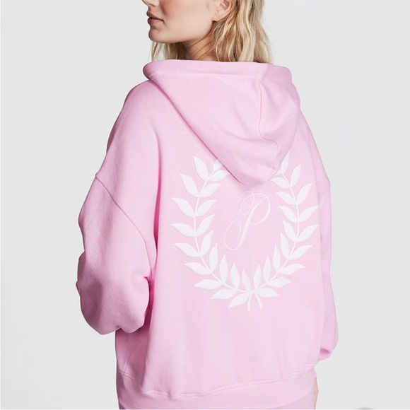 PINK Victoria's Secret Tops - Victoria's Secret Pink ivy fleece full zip hoodie pink white logo sweatshirt